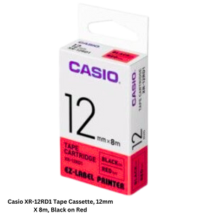 Photo of Casio XR-12RD1 Tape Cassette, 12mm X 8m, Black on Red