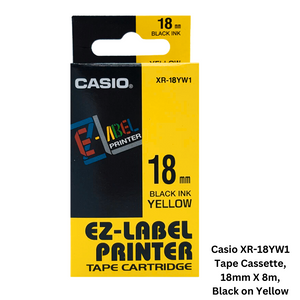 Photo showing Casio XR-18YW1 Tape Cassette, 18mm X 8m, Black on Yellow
