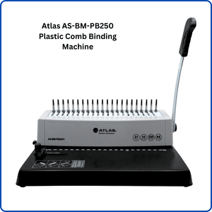 An Atlas AS-BM-PB250 plastic comb binding machine, perfect for creating professional documents. Features adjustable settings and a high binding capacity. Ideal for offices, schools, and home offices