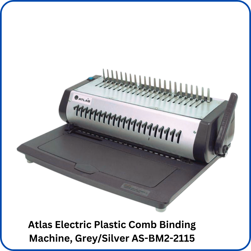 Atlas Electric Plastic Comb Binding Machine, Grey/Silver AS-BM2-2115" - Image of the Atlas Electric Plastic Comb Binding Machine in Grey/Silver