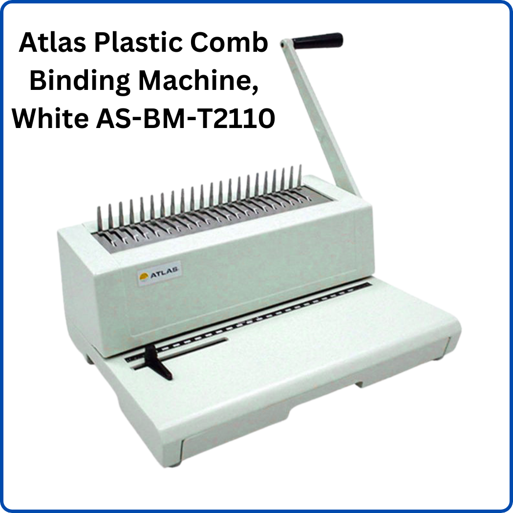 Image of the Atlas Plastic Comb Binding Machine in White (Model: AS-BM-T2110), a versatile and stylish binding solution for offices, schools, and businesses.