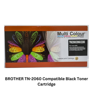 Image displaying Brother TN-2060 Compatible Black Toner Cartridge packaging with printer compatibility details.
