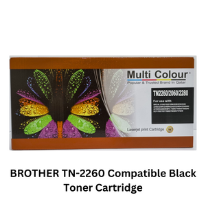Image showcasing Brother TN-2260 Compatible Black Toner Cartridge packaging with a list of compatible printer models