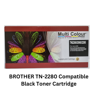 Image showcasing Brother TN-2280 Compatible Black Toner Cartridge packaging with printer compatibility details.