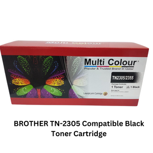 Image displaying Brother TN-2305 Compatible Black Toner Cartridge packaging with a list of compatible printer models.