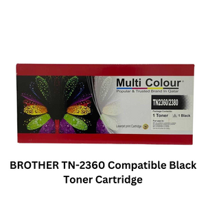 Image of a Brother TN-2360 Compatible Black Toner Cartridge, suitable for Brother laser printers, with clear labeling and packaging