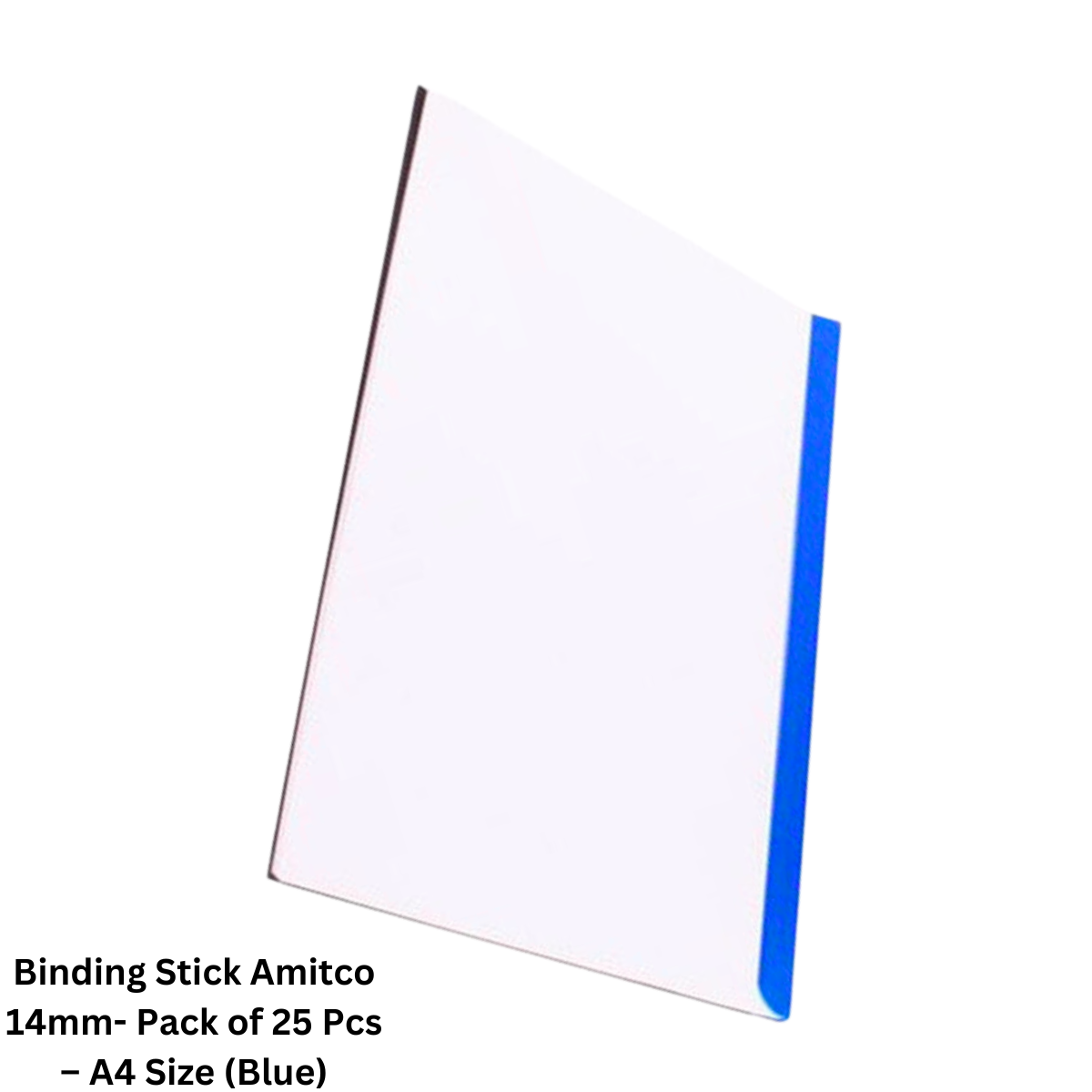 Amitco 14mm binding sticks in black, blue, and white, packaged in a set of 20, perfect for securely binding A4 documents in a professional manner.