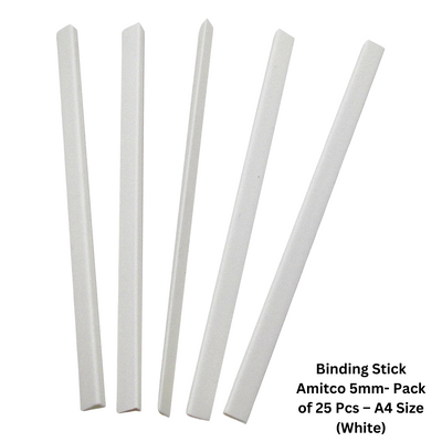 Pack of 25 Amitco 5mm binding sticks in assorted colors (black, blue, white), suitable for binding A4-sized documents.