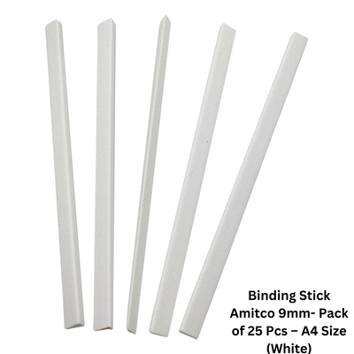 Pack of 25 Amitco 9mm binding sticks for A4-sized documents, available in black, blue, and white, perfect for creating professional-looking reports and presentations.