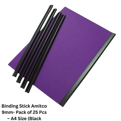 Pack of 25 Amitco 9mm binding sticks for A4-sized documents, available in black, blue, and white, perfect for creating professional-looking reports and presentations.