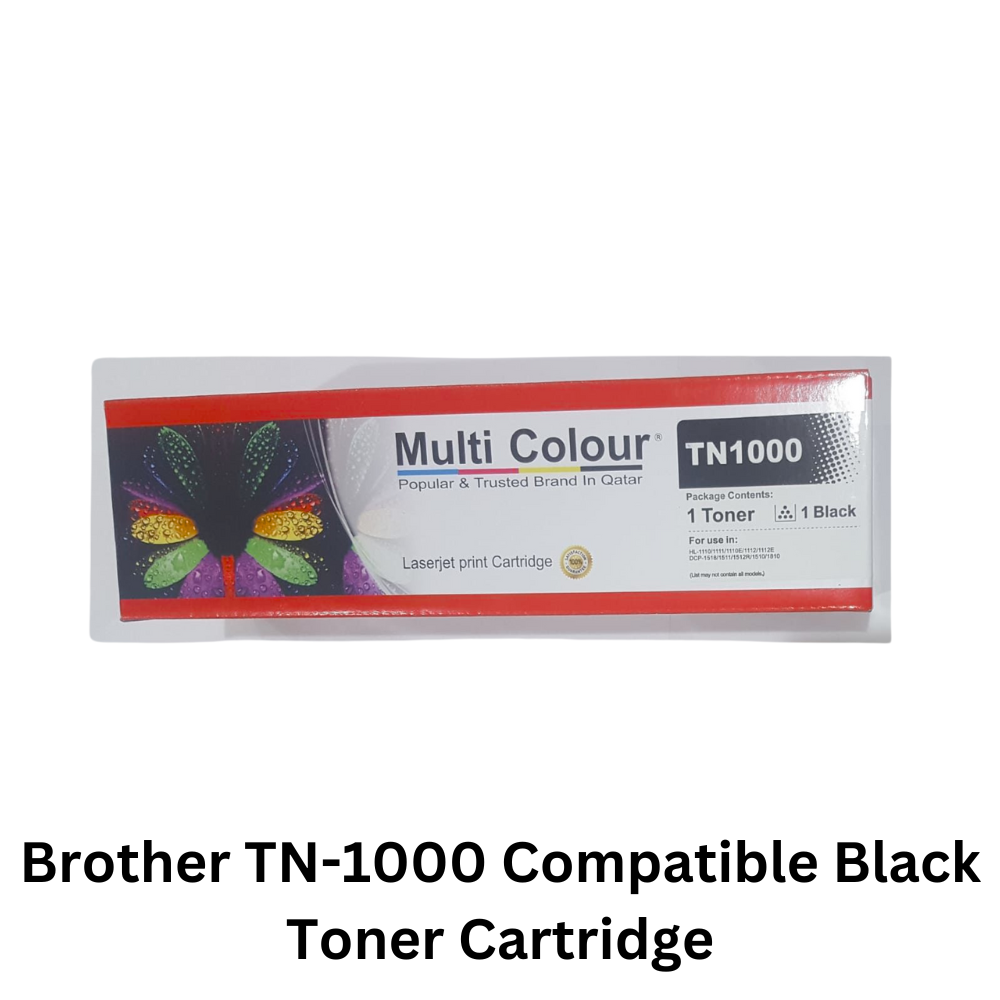 Image showing Brother TN-1000 Compatible Black Toner Cartridge packaging with printer compatibility information