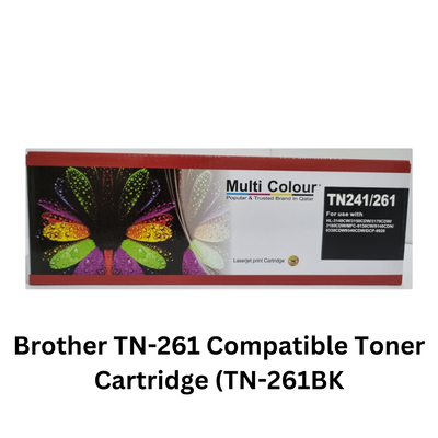 Image of a Brother TN-261 Compatible Toner Cartridge set including TN-261BK, TN-261C, TN-261Y, TN-261M, suitable for Brother laser printers, with clear packaging and labeling.