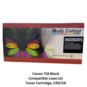 Photo of a Canon 719 Black Compatible LaserJet Toner Cartridge, labeled as CRG719, suitable for Canon laser printers, with clear packaging and branding.