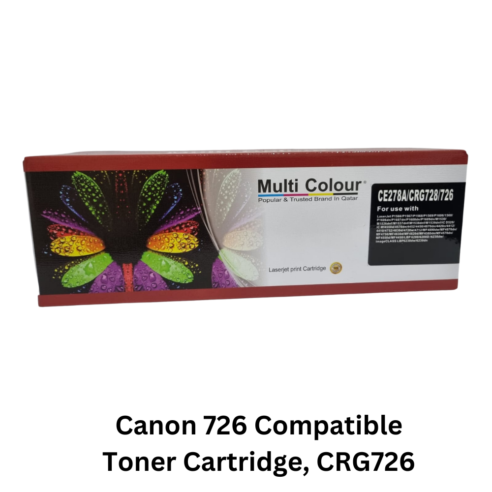Photo of a Canon 726 Compatible Toner Cartridge, labeled as CRG726, suitable for Canon laser printers, with visible packaging and branding