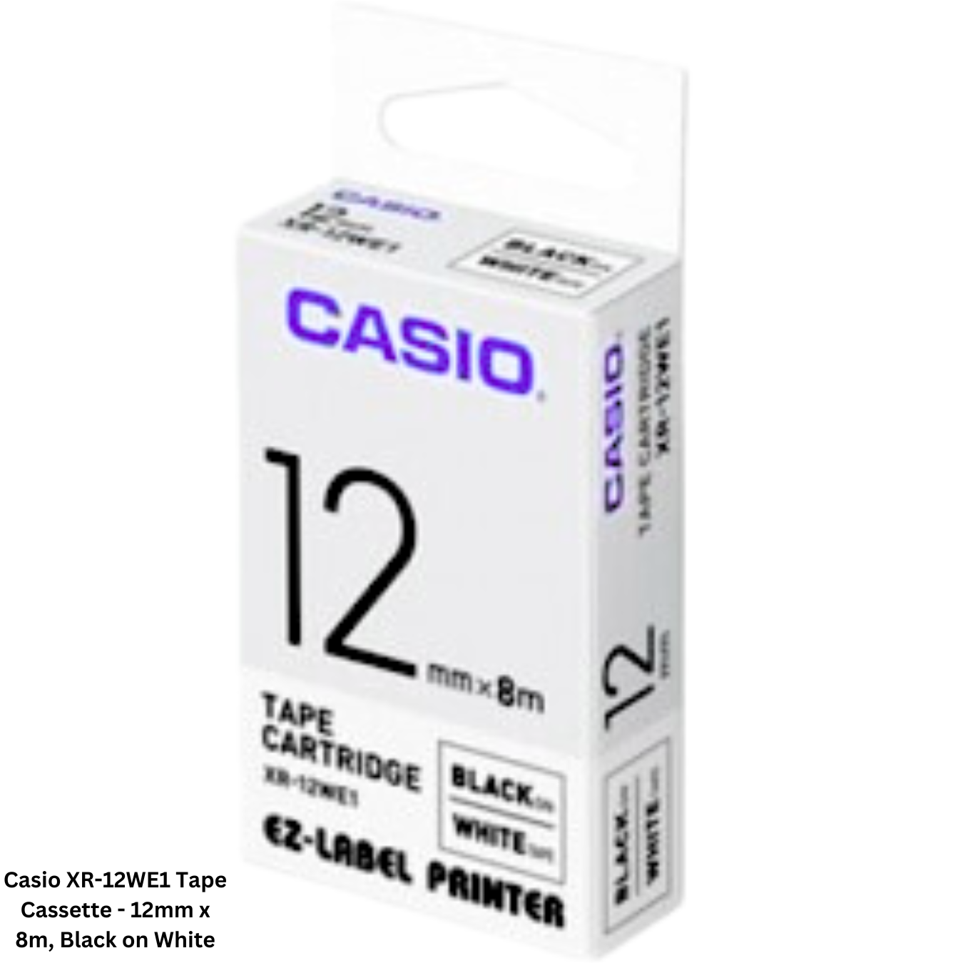 Casio XR-12WE1 Tape Cassette, 12mm x 8m, Black on White. This tape cassette by Casio is designed for use in label printers, offering clear and durable labeling for various applications