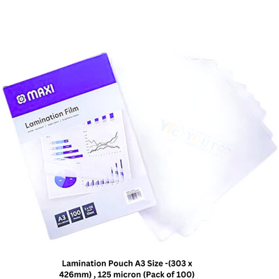 Lamination Pouch A3 Size - 303 x 426mm, 125 micron (Pack of 100). These lamination pouches are designed for A3-sized documents, offering protection and durability with a thickness of 125 microns.
