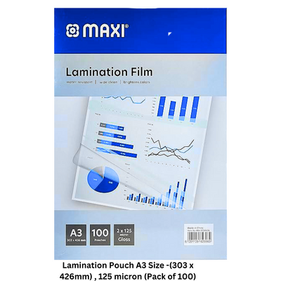 Lamination Pouch A3 Size - 303 x 426mm, 125 micron (Pack of 100). These lamination pouches are designed for A3-sized documents, offering protection and durability with a thickness of 125 microns.