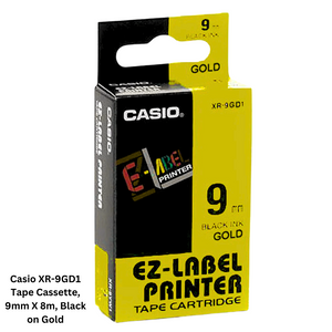 Casio XR-9GD1 Tape Cassette - 9mm X 8m, Black on Gold. High-quality tape cassette for labeling, with black text on a gold background