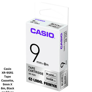 Casio XR-9SR1 Tape Cassette - 9mm X 8m, Black on Silver. Durable tape cassette designed for labeling, featuring black text on a silver background.