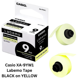 Casio XA-9YW1 Labemo Tape BLACK on YELLOW - 9mm X 8m tape cassette for labeling, featuring black text on a yellow background.