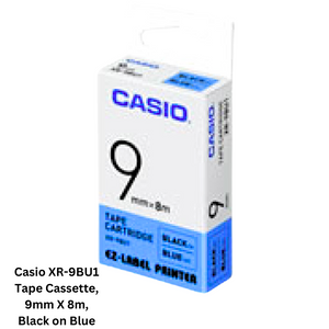 Casio XR-9BU1 Tape Cassette - 9mm X 8m, Black on Blue. High-quality tape cassette ideal for labeling, with black text printed on a blue background