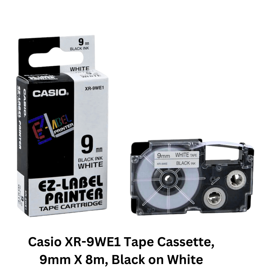 Casio XR-9WE1 Tape Cassette - 9mm X 8m, Black on White. Durable tape cassette suitable for labeling, featuring black text printed on a white background
