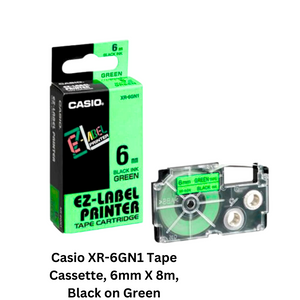 Casio XR-6GN1 Tape Cassette - 6mm X 8m, Black on Green. High-quality tape cassette designed for labeling, with black text against a green background