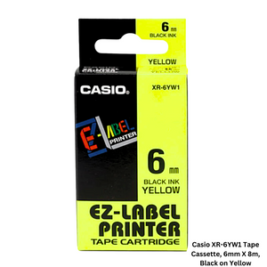 Casio XR-6YW1 Tape Cassette - 6mm X 8m, Black on Yellow. Durable tape cassette featuring black text on a vibrant yellow background, ideal for labeling purposes