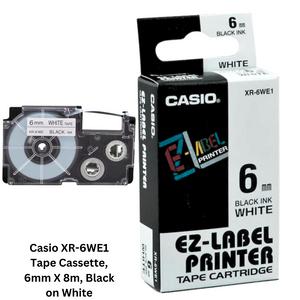 Casio XR-6WE1 Tape Cassette - 6mm X 8m, Black on White. White tape cassette with black text, ideal for labeling and organizing purposes