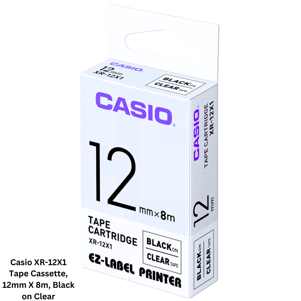 Photo of Casio XR-12X1 Tape Cassette, 12mm X 8m, Black on Clear