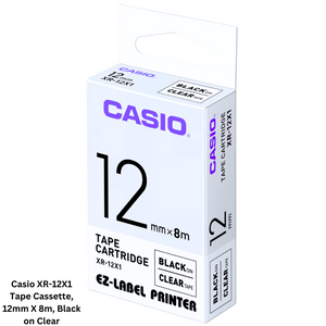 Photo of Casio XR-12X1 Tape Cassette, 12mm X 8m, Black on Clear