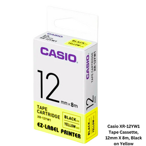 Image of Casio XR-12YW1 Tape Cassette, 12mm X 8m, Black on Yellow