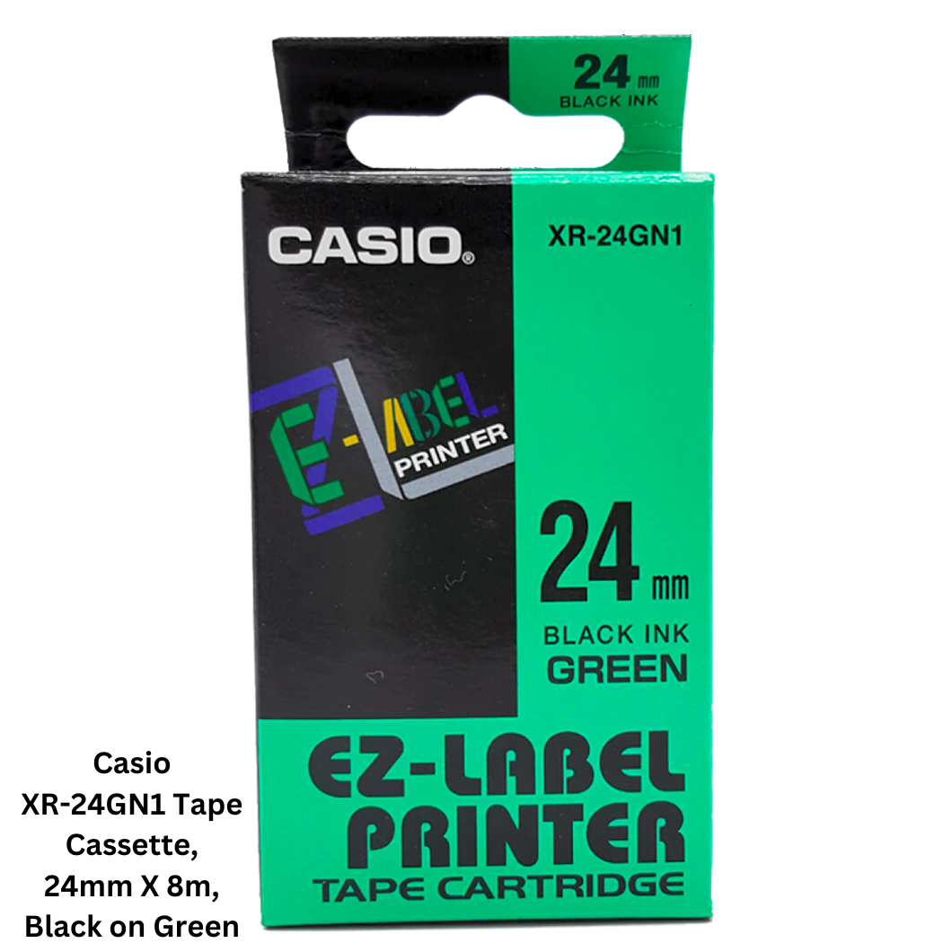 Image of Casio XR-24GN1 Tape Cassette, 24mm X 8m, Black on Green
