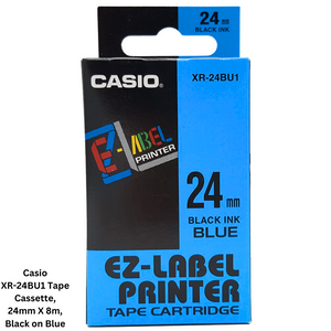 Image of Casio XR-24BU1 Tape Cassette, 24mm X 8m, Black on Blue
