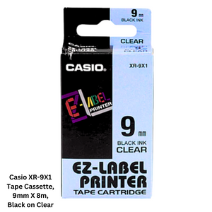 Casio XR-9X1 Tape Cassette, 9mm X 8m, Black on Clear