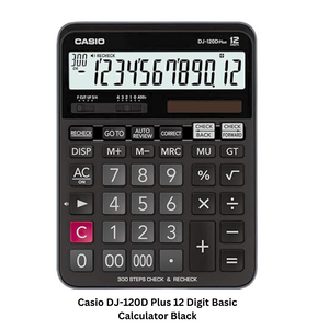 Casio DJ-120D Plus 12 Digit Basic Calculator in Black, isolated on white background.
