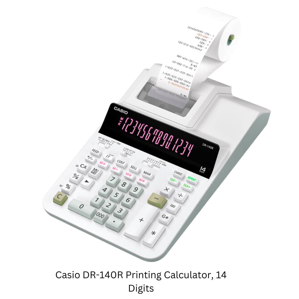 Casio DR-140R Printing Calculator featuring 14 digits for efficient and accurate calculation and printing tasks. Suitable for various office and business applications."