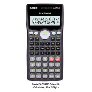 Casio FX-570MS Scientific Calculator featuring a 10 + 2 digit display, suitable for various mathematical calculations and scientific functions. Perfect for students, professionals, and anyone needing advanced mathematical capabilities