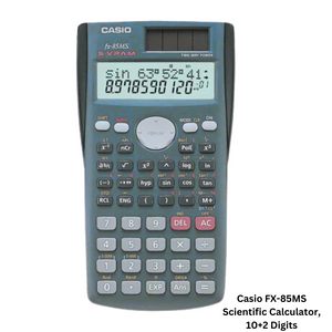 Casio FX-85MS Scientific Calculator with a 10+2 digit display, ideal for students and professionals alike. Offers comprehensive mathematical functions for solving complex equations and calculations with ease