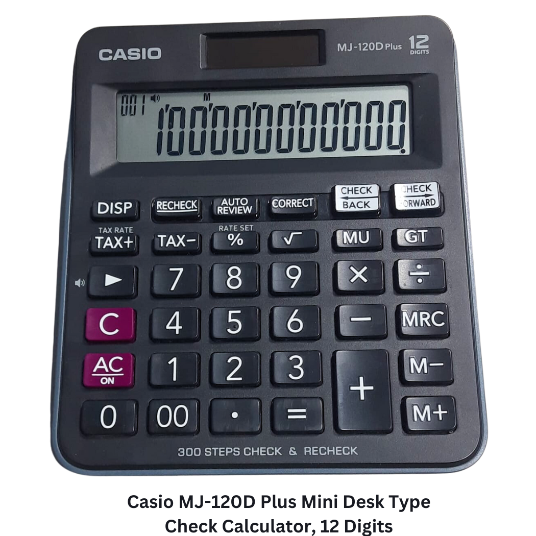 Casio MJ-120D Plus Mini Desk Type Check Calculator with a 12-digit display, suitable for various mathematical tasks in home or office environments. 