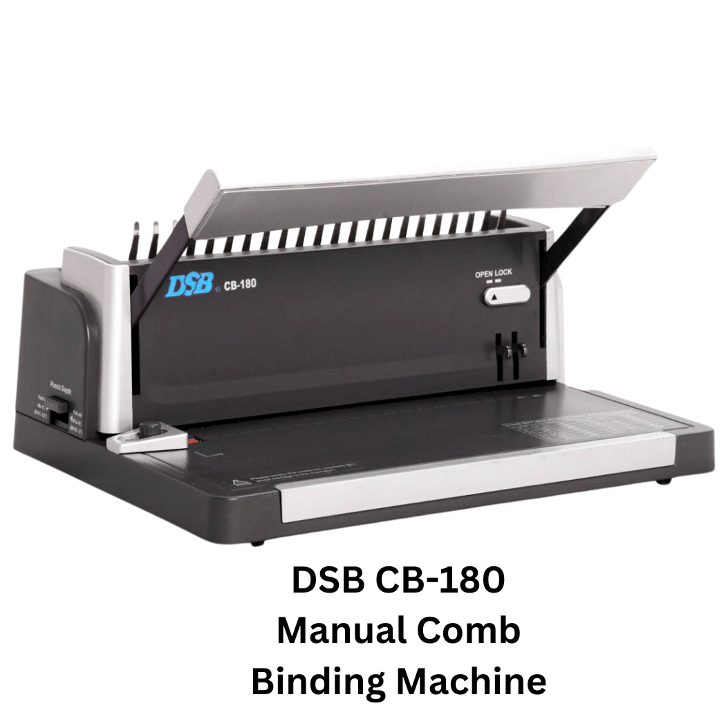 A DSB CB-180 manual comb binding machine, perfect for creating professional documents. Features adjustable settings and a high binding capacity. Ideal for offices, schools, and small businesses.