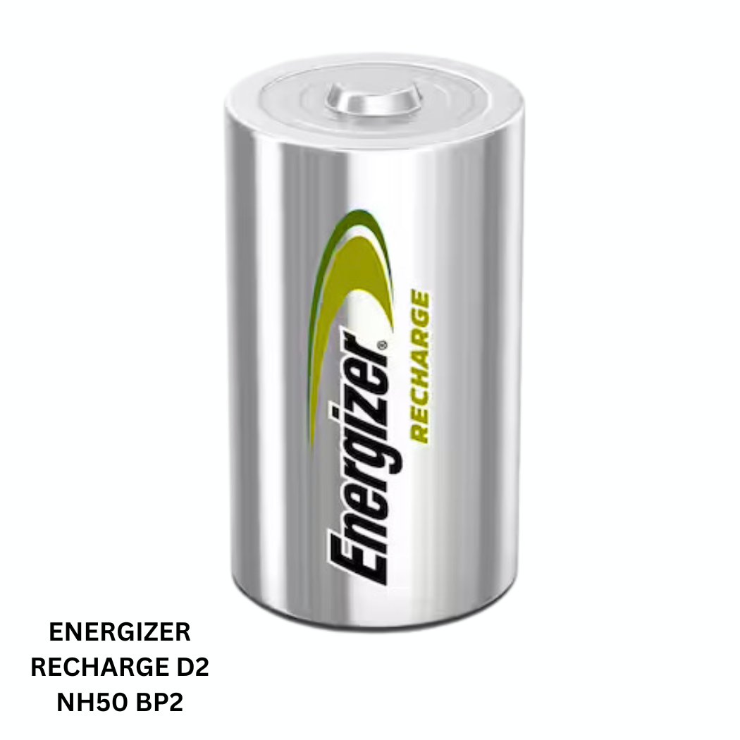 Energizer Recharge D2 NH50 BP2 batteries - two rechargeable batteries with D2 size and NH50 chemistry, suitable for various electronic devices
