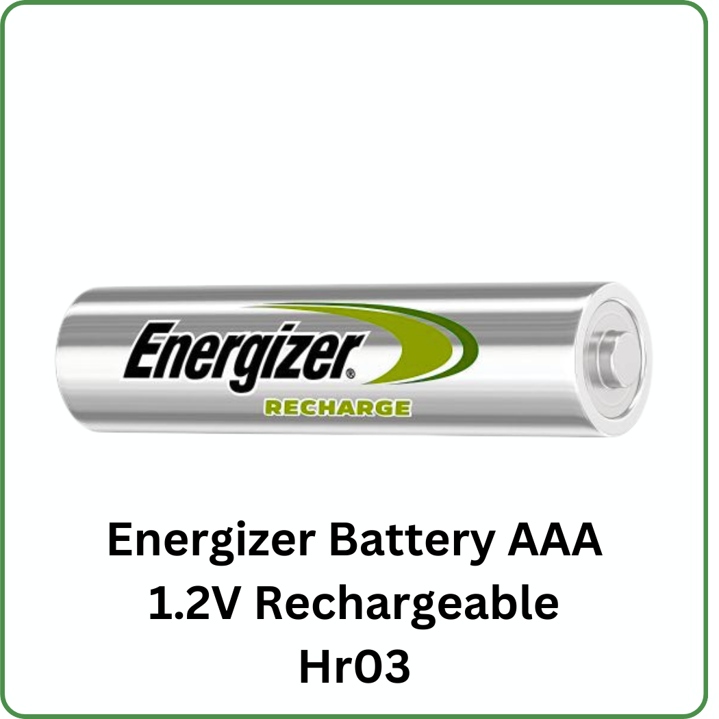 Energizer AAA 1.2V Rechargeable Hr03 battery - a compact, green rechargeable battery suitable for various electronic devices.