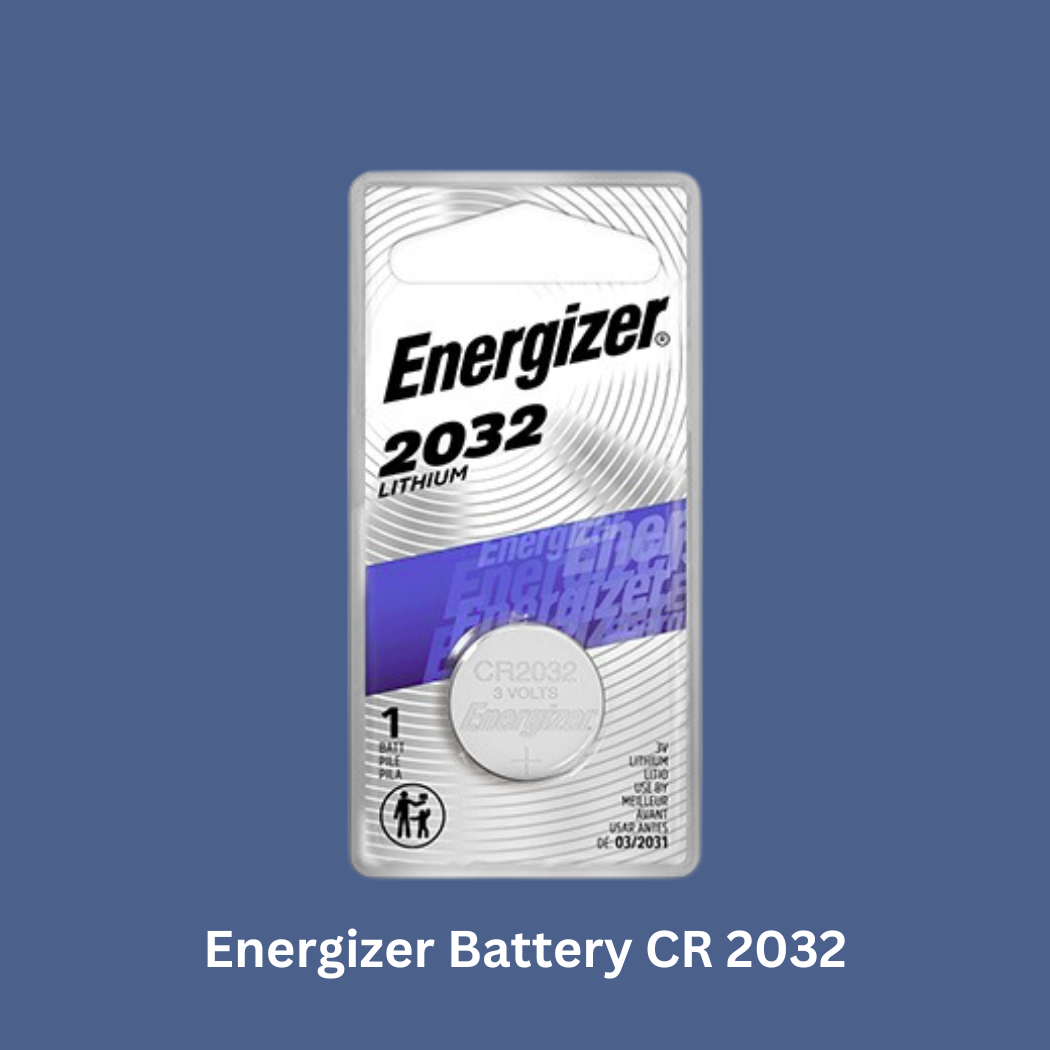 "Energizer CR 2032 battery - a small, round, silver coin-shaped battery with CR 2032 printed on it. Compatible with various electronic devices