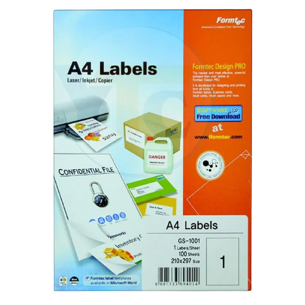  Image showing Formtec Multi-Purpose Labels A4 size (Pack of 100) GS-1001, with a clean, white background and visible label dimensions.