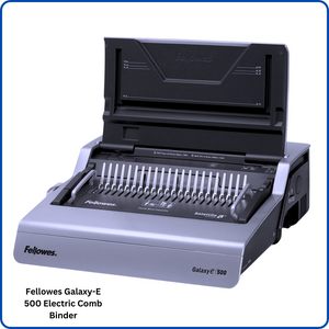 Image of the Fellowes Galaxy-E 500 Electric Comb Binder, a robust electric comb binding machine designed for efficient document binding in office environments, offering reliable binding for up to 500 sheets with electric punching capabilities.