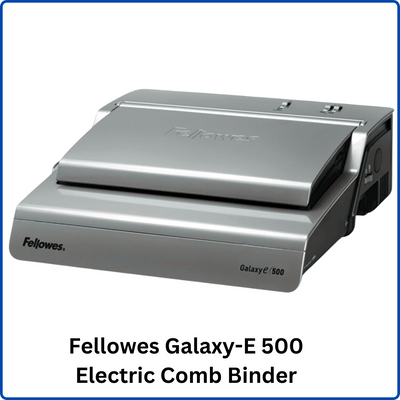 Image of the Fellowes Galaxy-E 500 Electric Comb Binder, a robust electric comb binding machine designed for efficient document binding in office environments, offering reliable binding for up to 500 sheets with electric punching capabilities.
