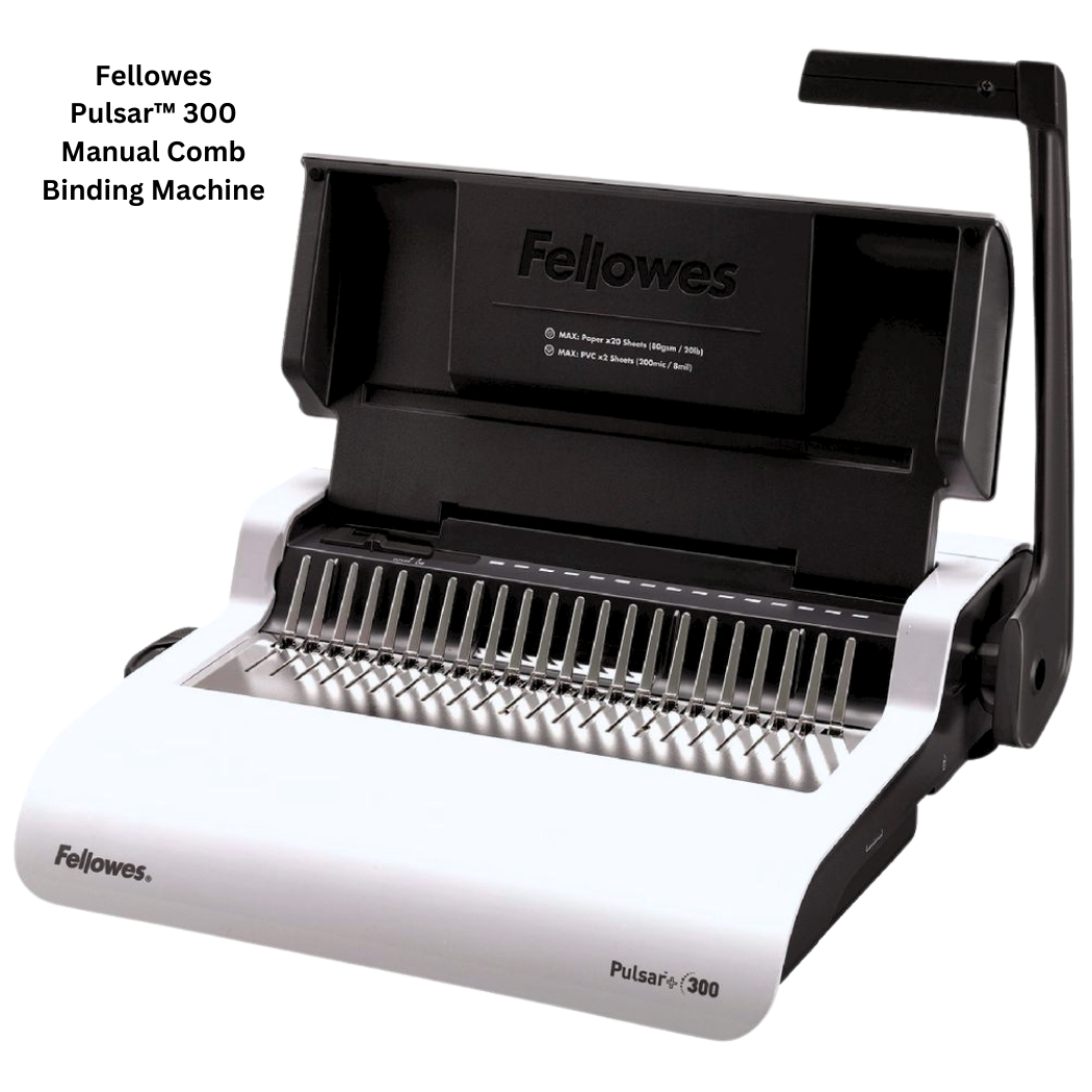 Image of the Fellowes Pulsar™ 300 Manual Comb Binding Machine, a compact and efficient solution for binding documents in small offices and classrooms.
