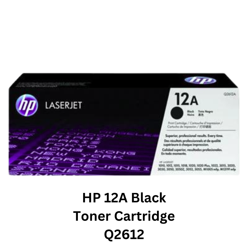 HP 12A Black Toner Cartridge (Q2612A), packaged in HP’s standard black and blue box, designed for high-performance printing.