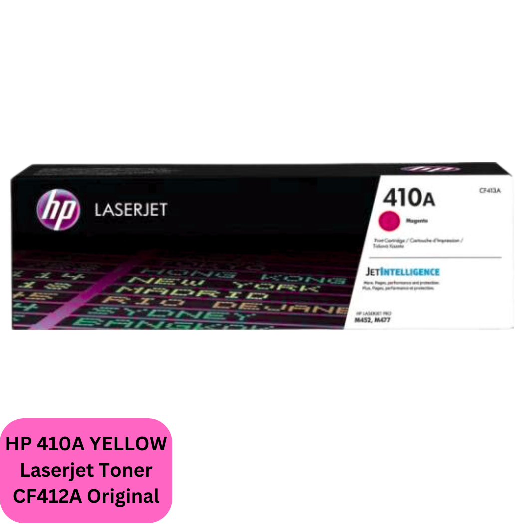 An image of the HP 410A Magenta Laserjet Toner CF413A Original cartridge, showcasing vivid magenta color and HP branding